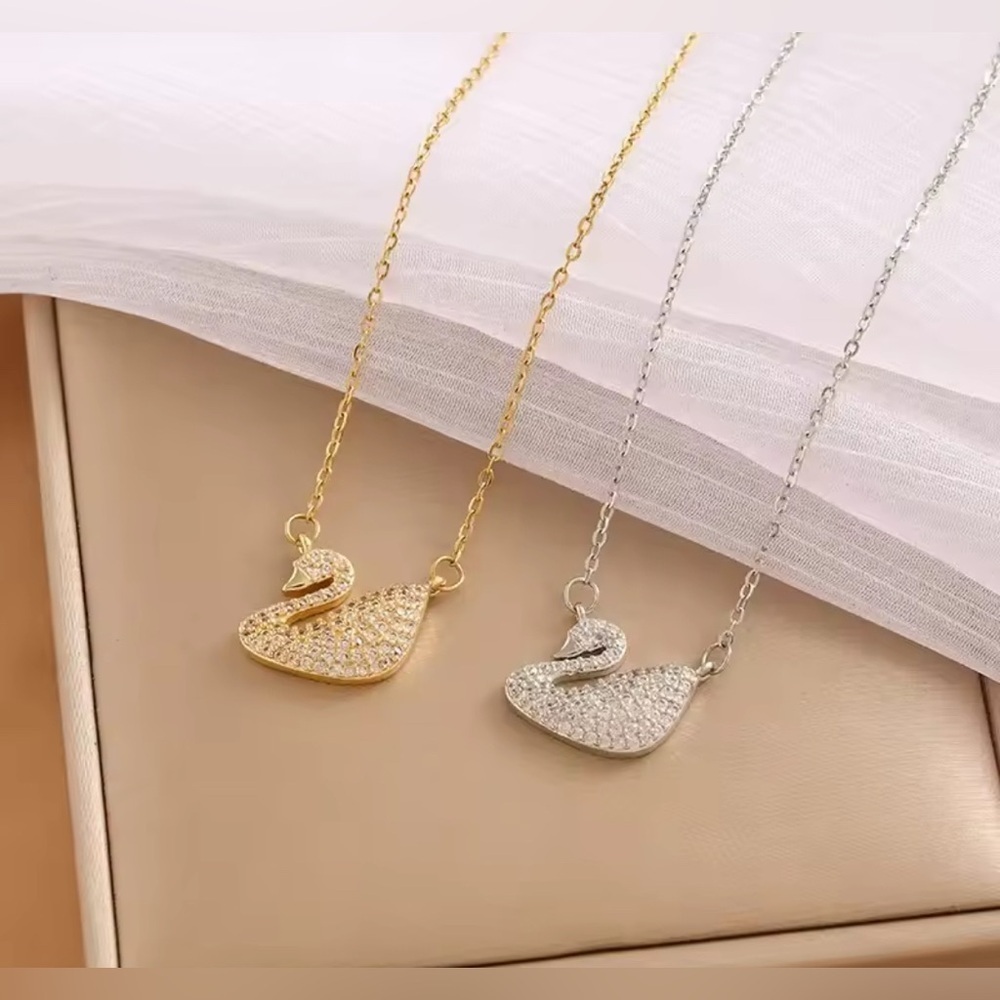 Swan Pendant 18K White Gold (Rhodium) Plated Necklace With Pave Diamond Inlay - Picture 3 of 6